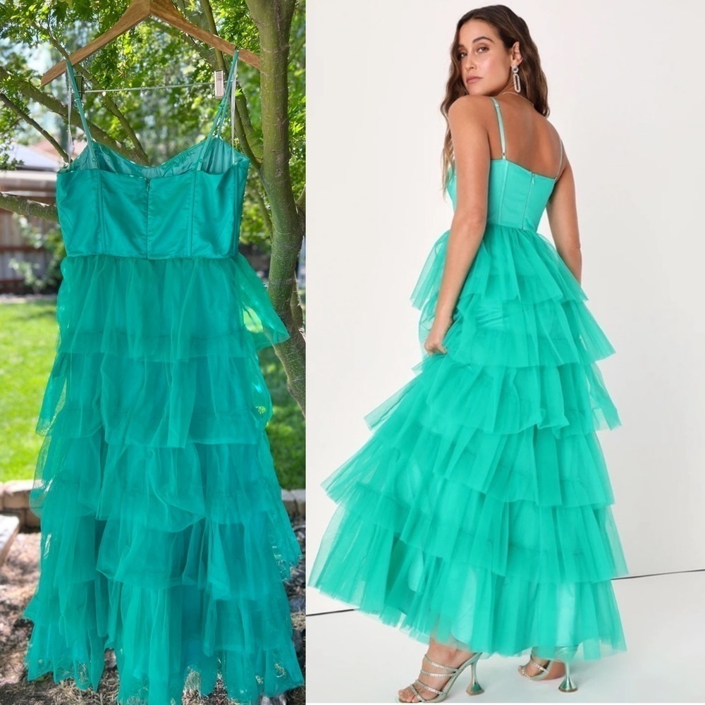 Rule the Runway Teal Green Tulle Bustier Tiered Maxi Dress - Picture 3 of 11
